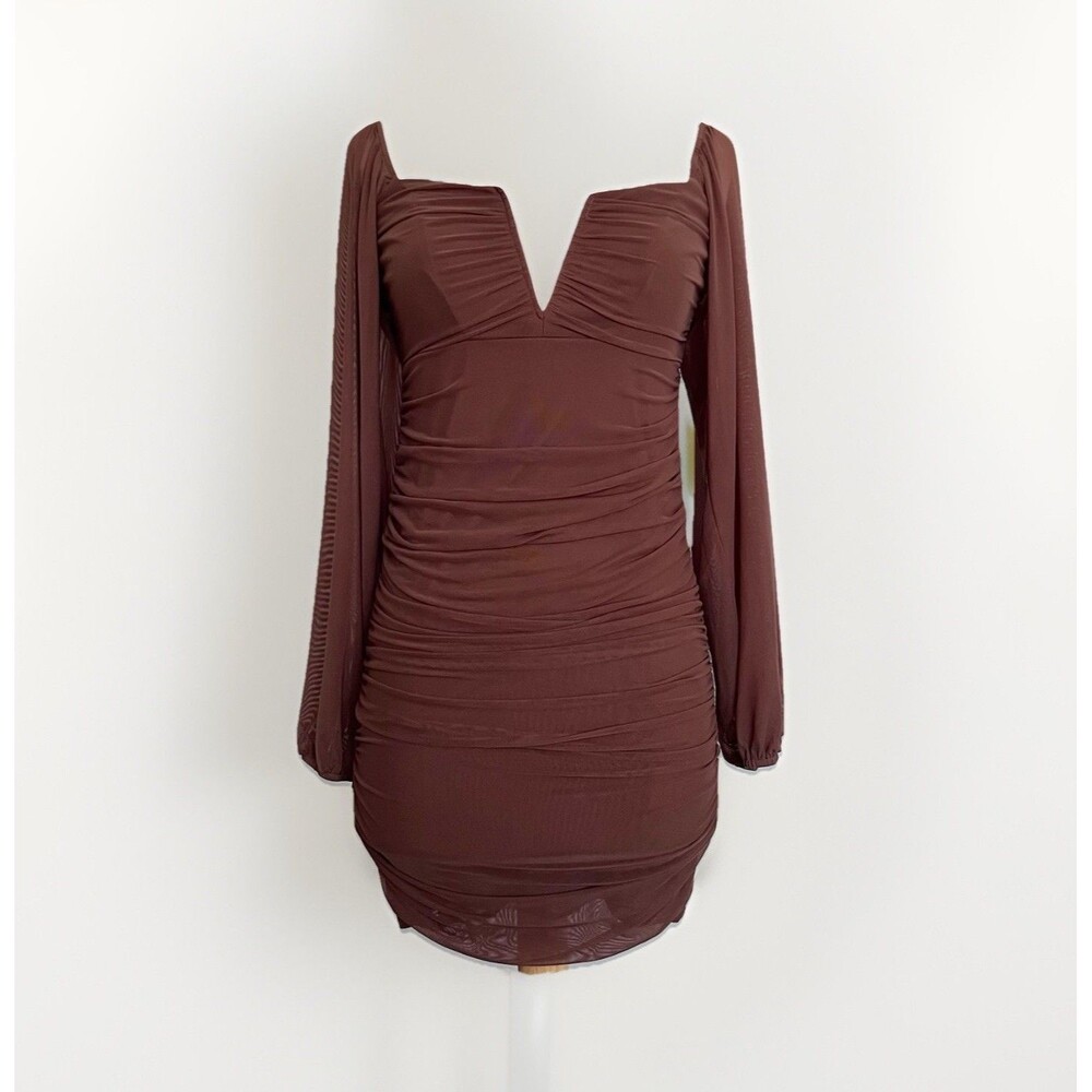 Blush Deep V Ruched Bodycon Brown Copper Dress Size Medium Going Out Party NWT